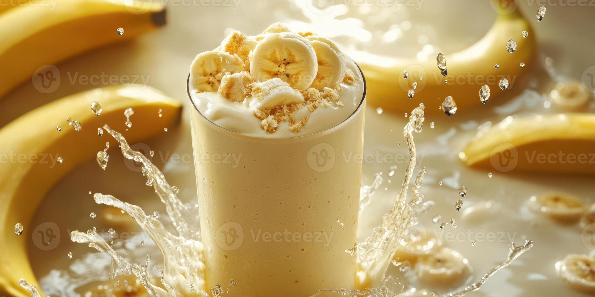 Creamy banana smoothie splashes as fresh bananas surround it in a vibrant kitchen setting photo