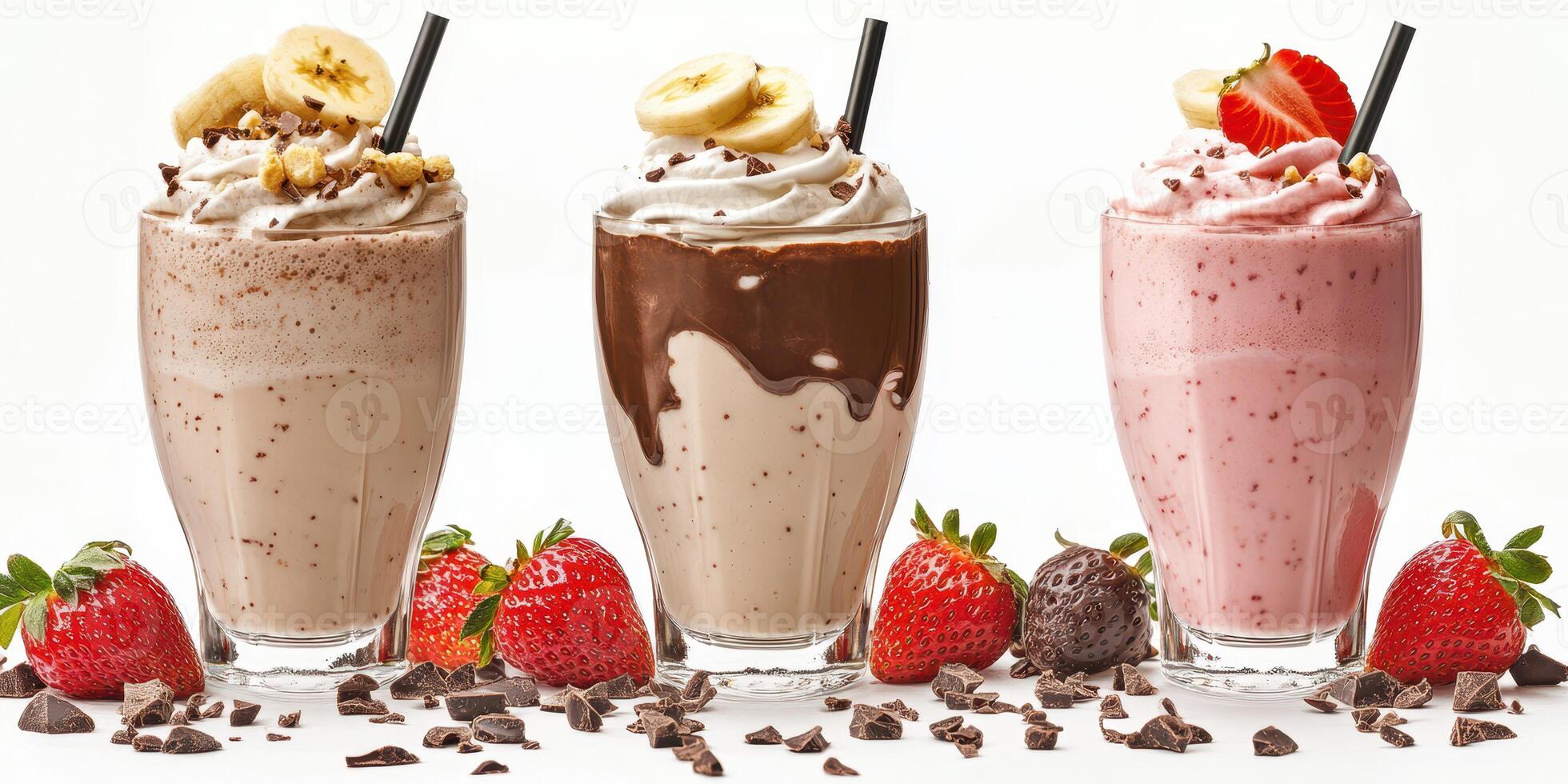 Three delicious milkshakes served in glasses with fresh fruits and chocolate toppings photo