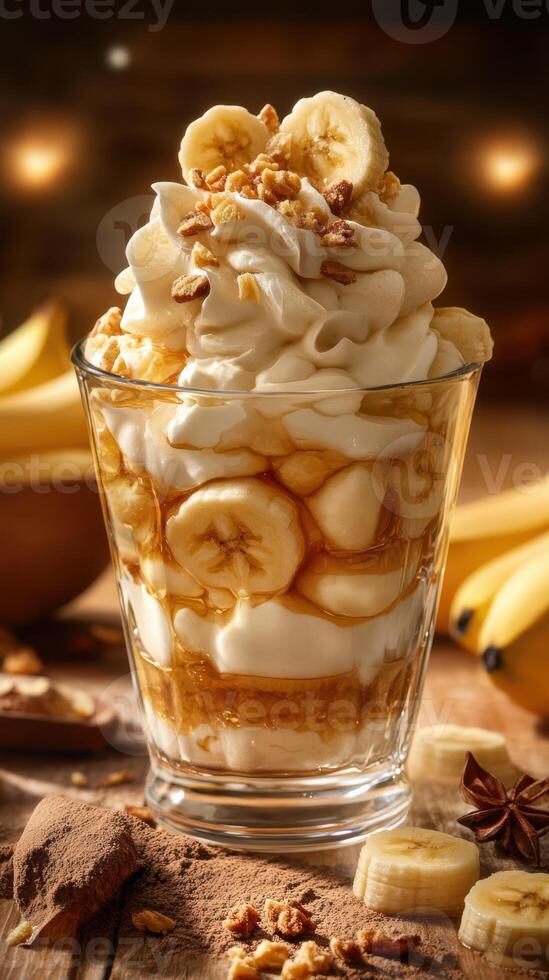 Delicious banana parfait served with whipped cream and granola on a rustic wooden table photo