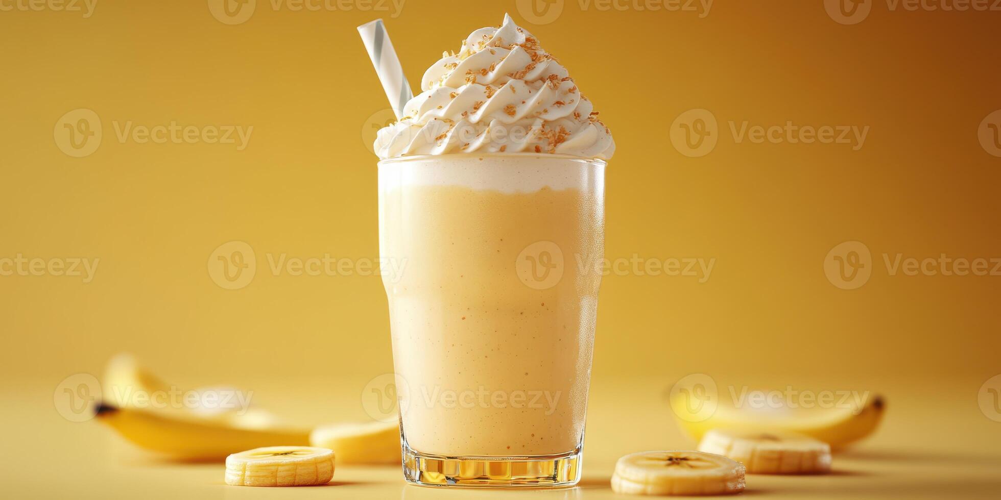 Creamy banana smoothie with whipped topping served in a tall glass surrounded by fresh banana slices photo