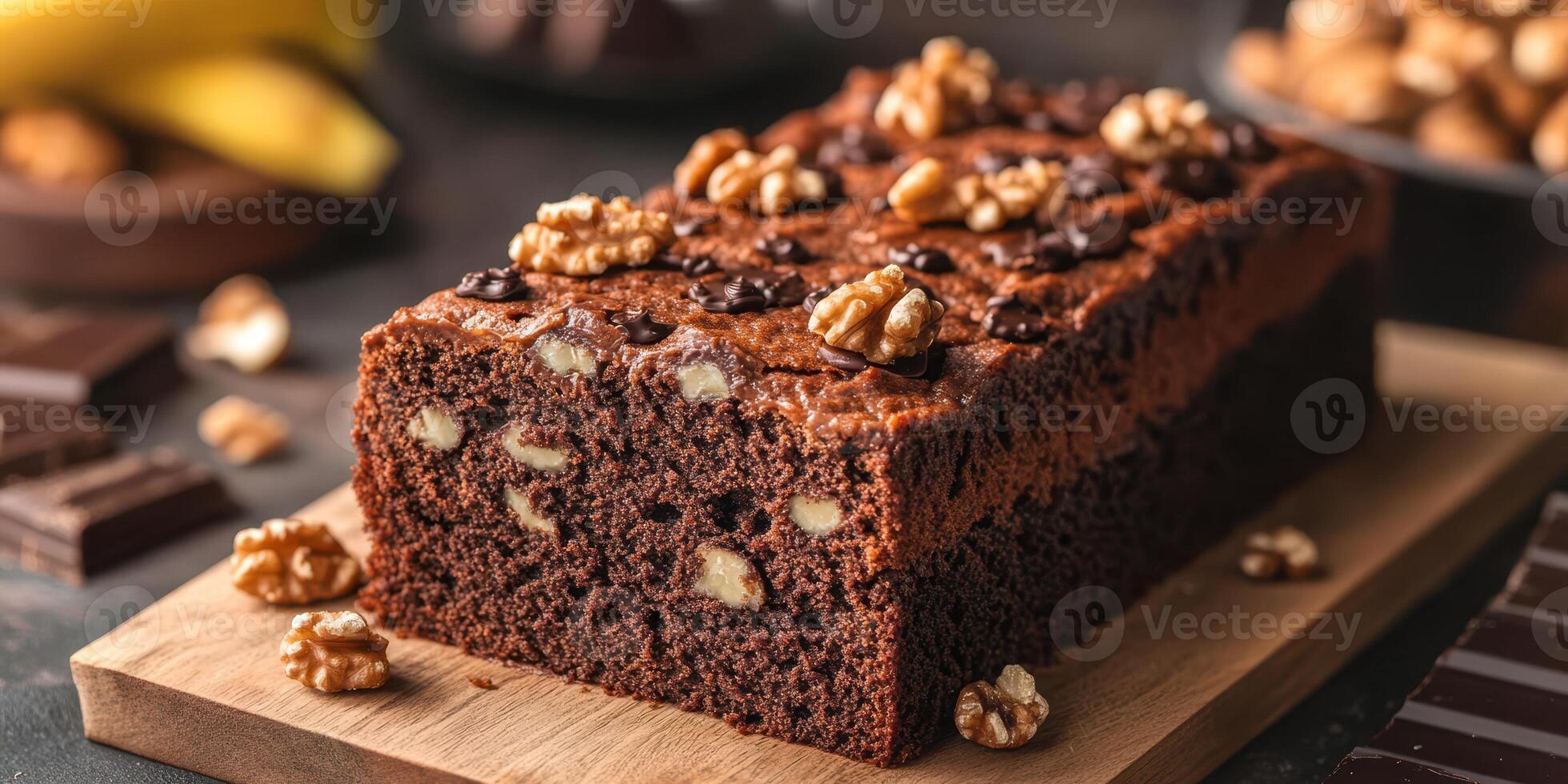 Moist chocolate walnut cake served on a wooden board with chocolate and banana in the background photo