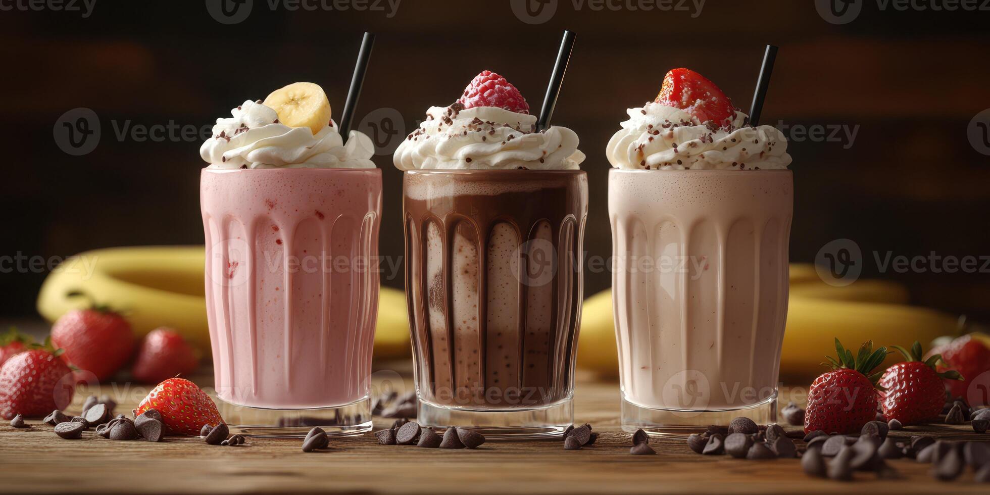 Delicious milkshakes in three flavors served in tall glasses with toppings and fresh fruits on a wooden table photo
