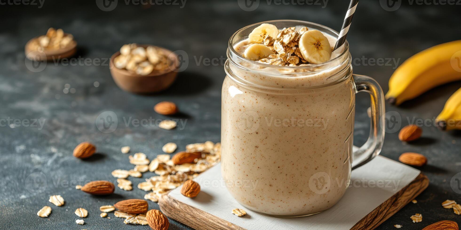 Creamy banana smoothie topped with oats and almonds served in a glass jar photo