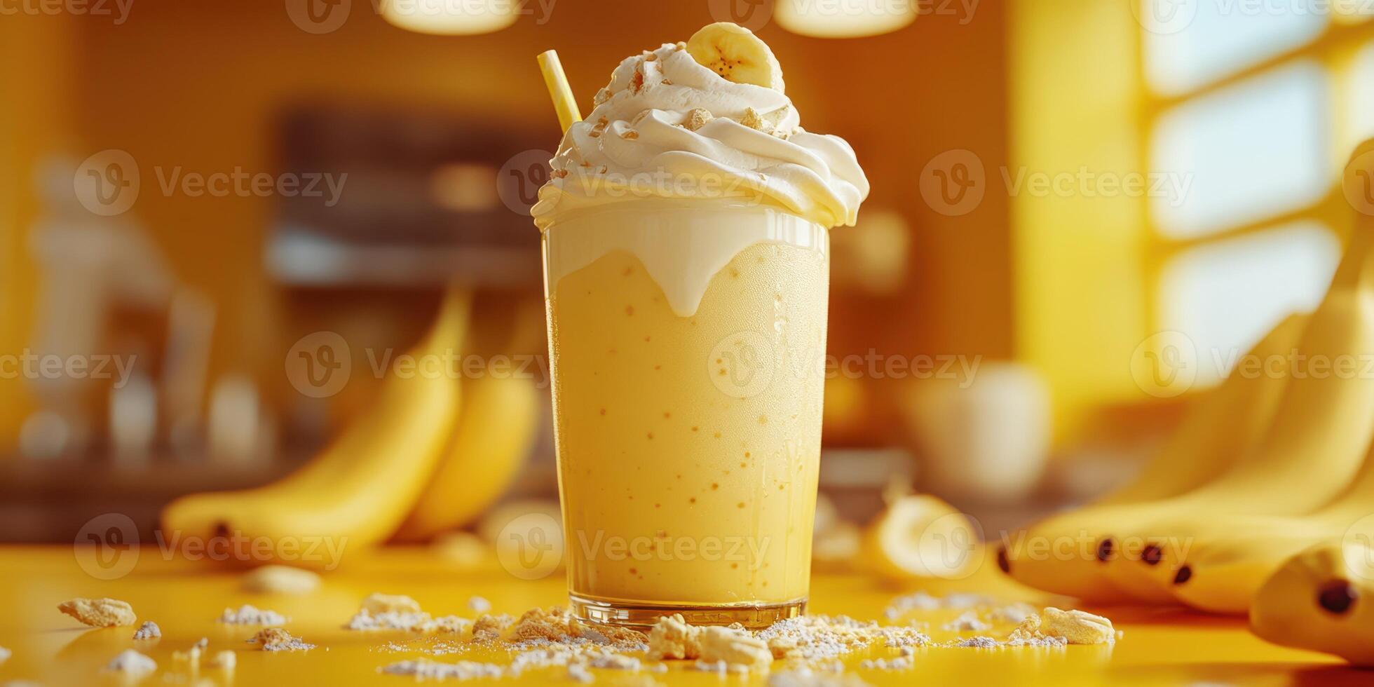Creamy banana smoothie with whipped topping on a bright kitchen table photo