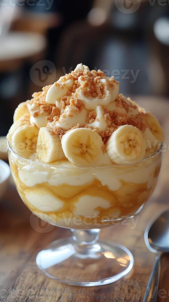 Delightful banana dessert with creamy layers and crunchy topping served in a glass bowl at a cozy cafe setting photo