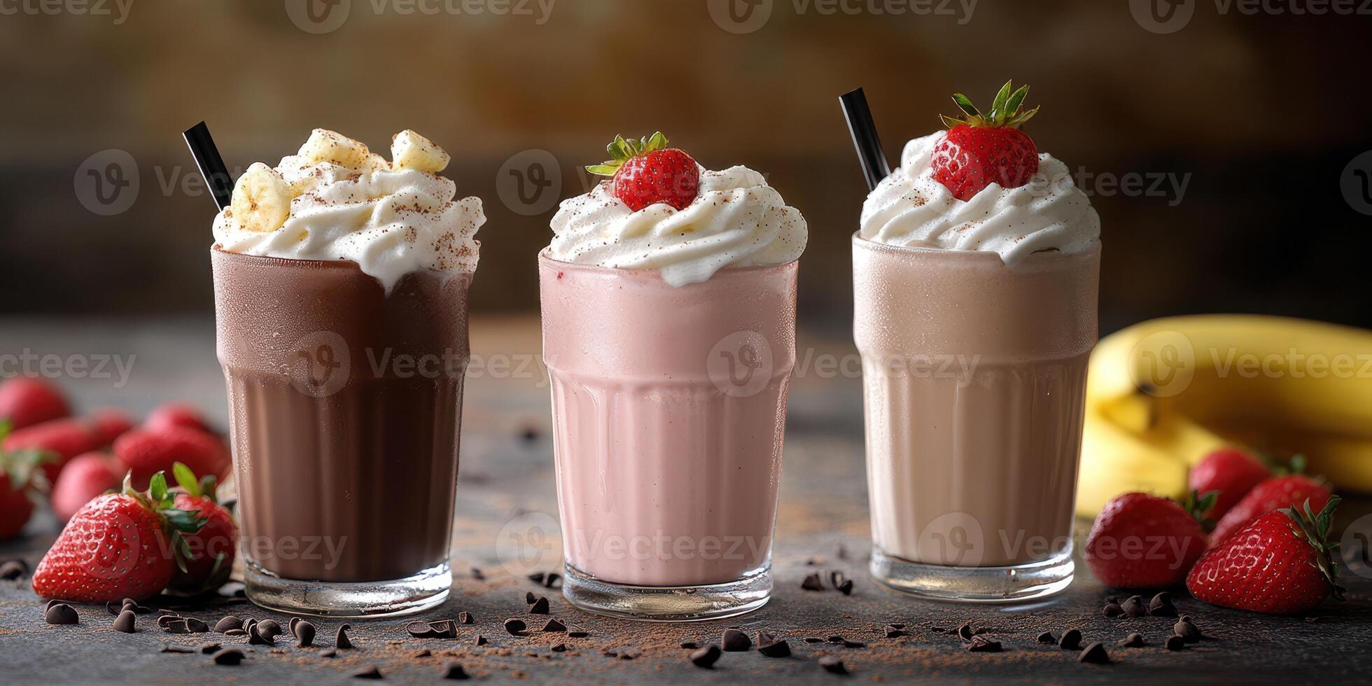 Delicious milkshakes with fresh toppings served in clear glasses on a rustic table photo