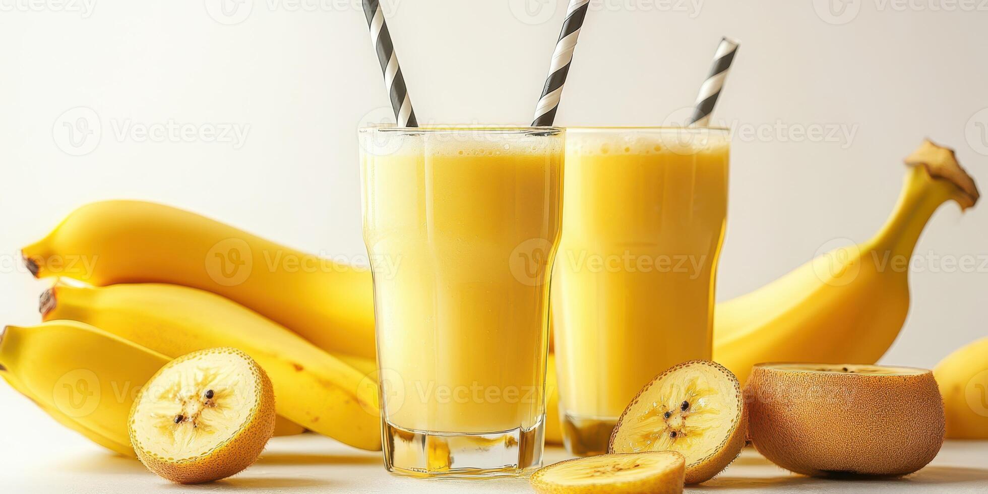 Refreshing banana smoothie served with ripe bananas in a bright kitchen setting during the afternoon photo