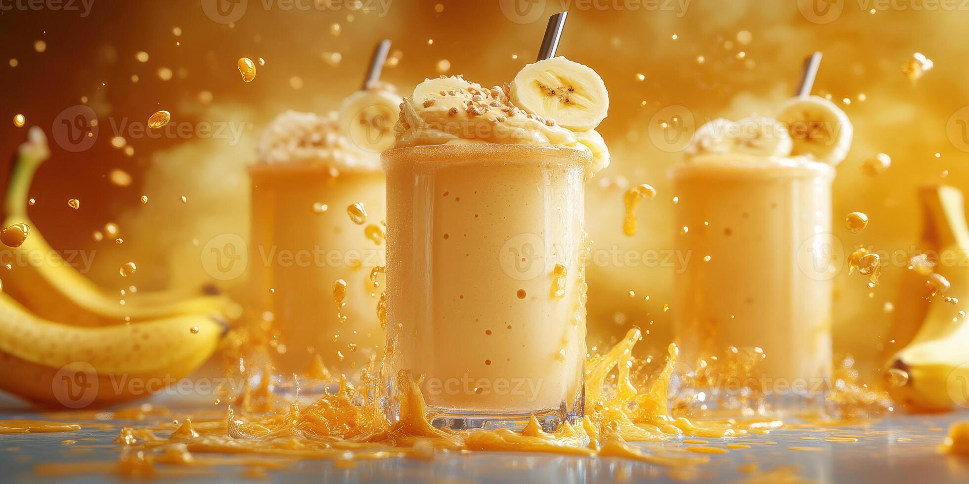 Refreshing banana smoothies splashing in a vibrant kitchen setting during a sunny afternoon photo