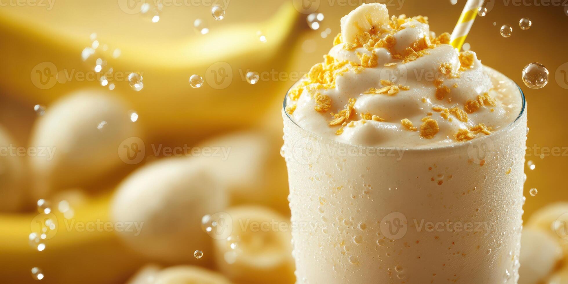 Delicious banana smoothie topped with whipped cream and crunchy cereal against a blurred background photo