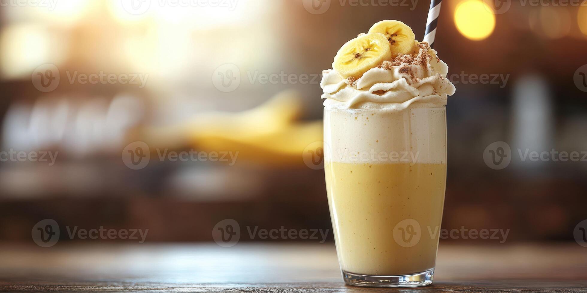 Creamy banana smoothie topped with whipped cream and sliced bananas served in a tall glass in a cozy cafe setting photo