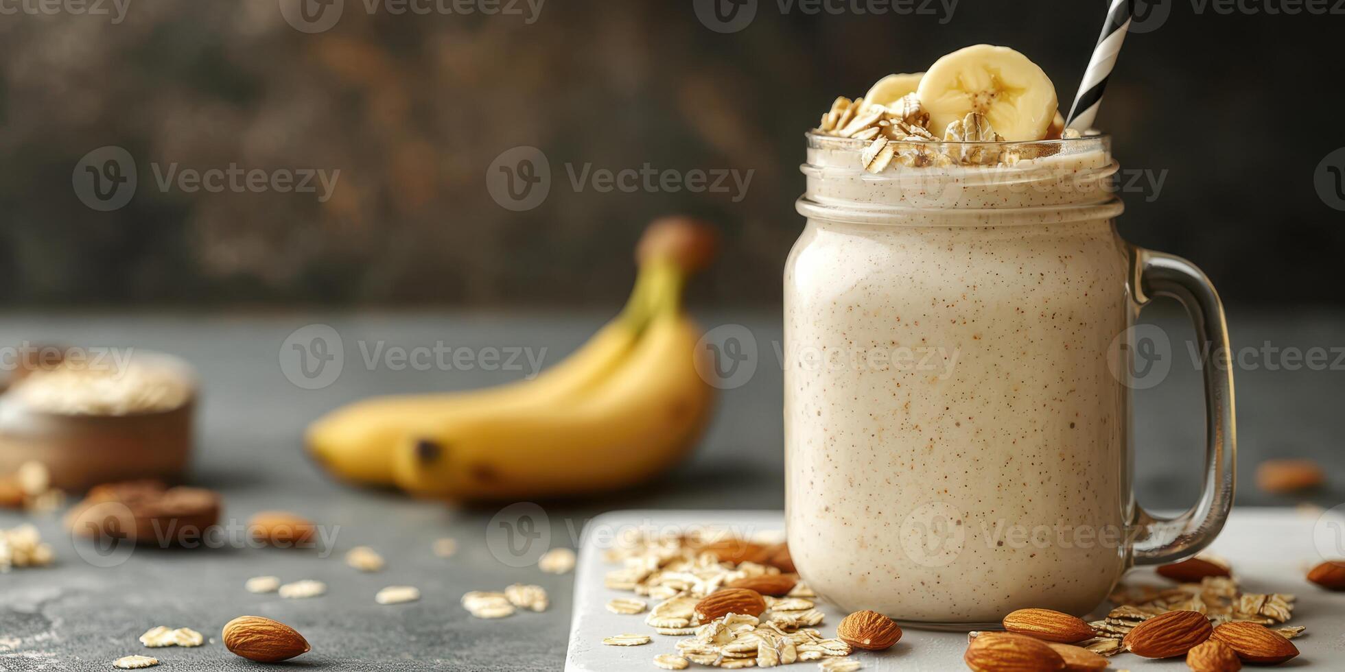 Creamy banana smoothie with oats and almonds served in a mason jar on a kitchen countertop photo