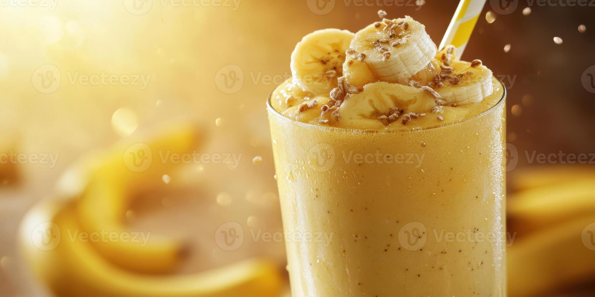 Smoothie with fresh banana slices and seeds on a sunny kitchen counter in the morning light photo