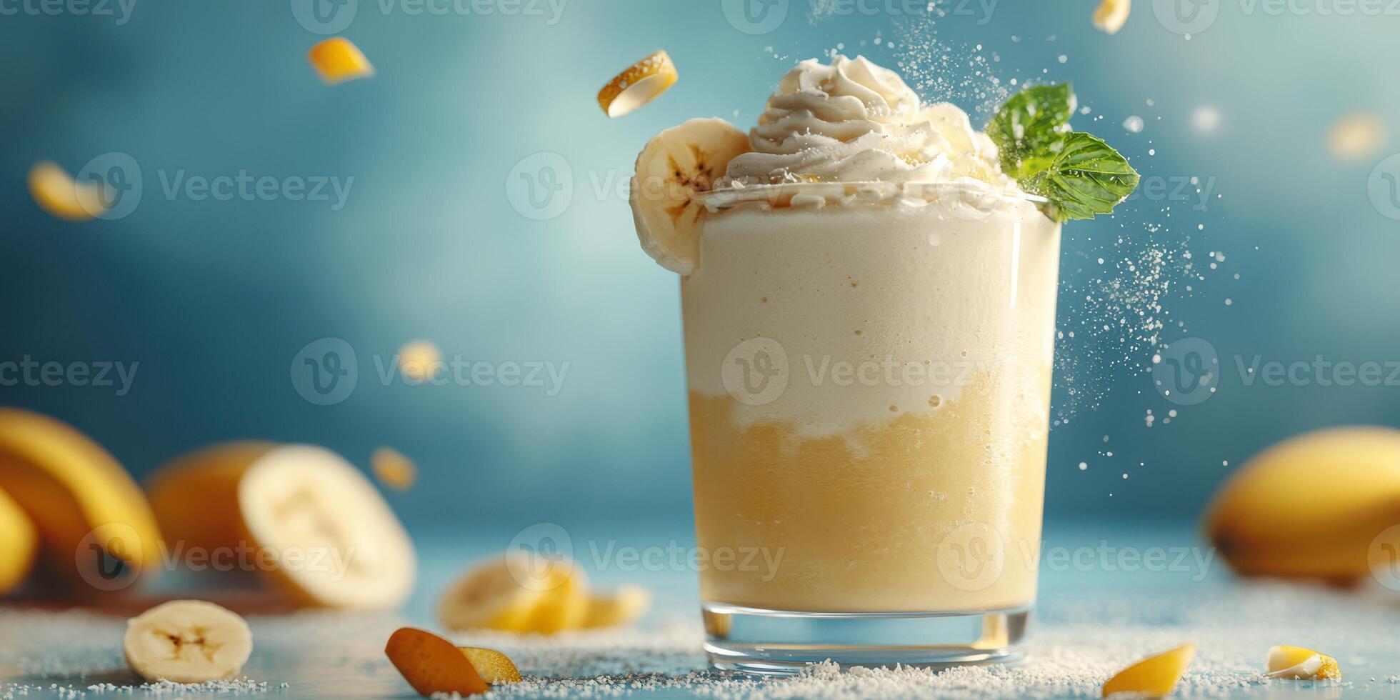 Creamy banana smoothie topped with whipped cream and mint garnished in a glass photo