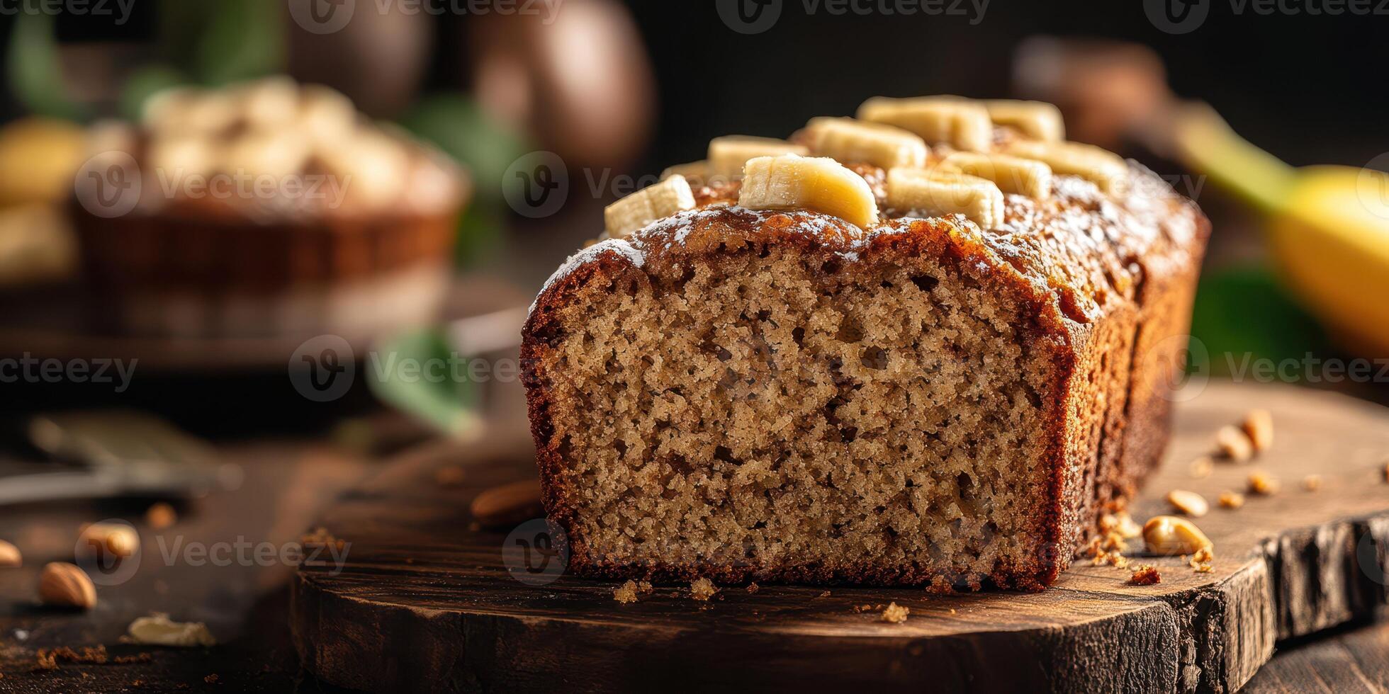 Delicious banana bread loaf with nuts and banana slices on a rustic wooden table during a cozy kitchen setting photo
