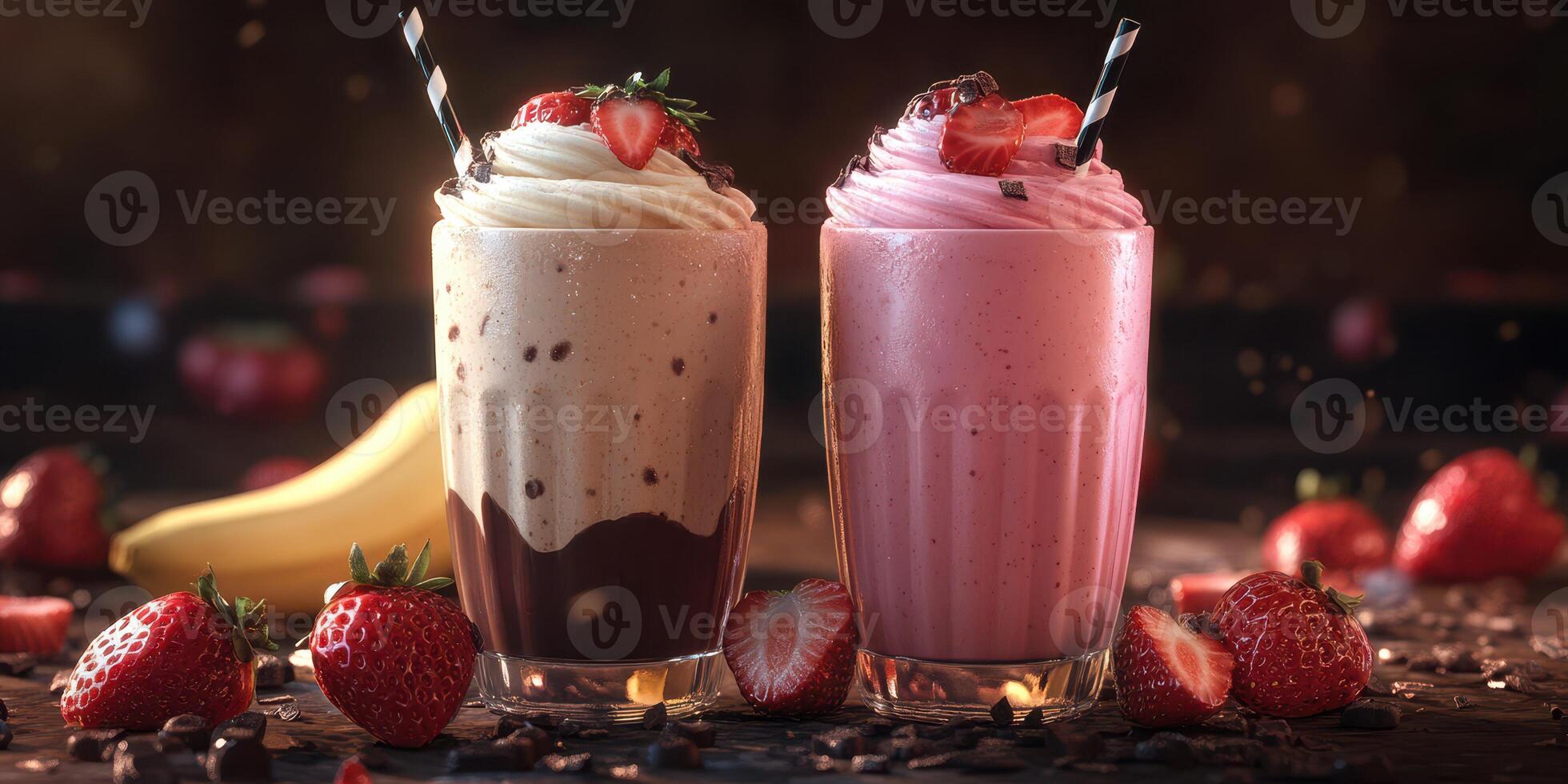 Creamy strawberry and banana milkshakes with whipped cream and chocolate chips in an inviting dessert setting photo