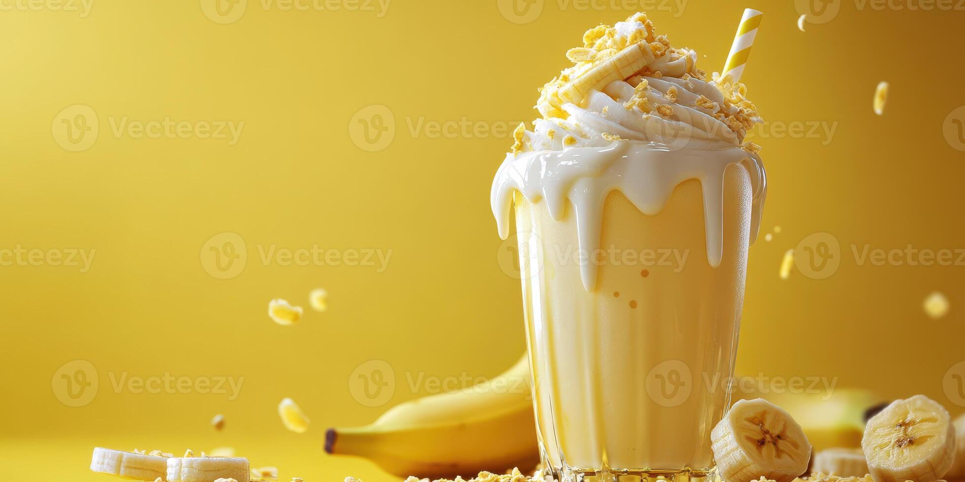 Delicious banana milkshake topped with whipped cream and banana slices against a vibrant yellow background photo