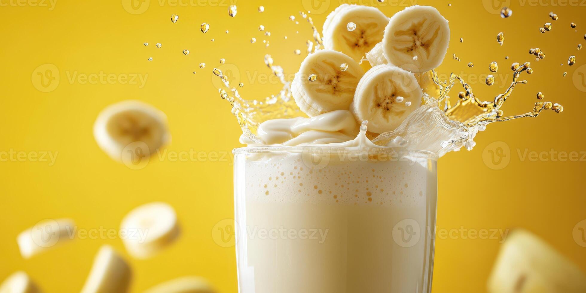 Delicious banana smoothie with splashes of milk and banana slices against a bright yellow background photo