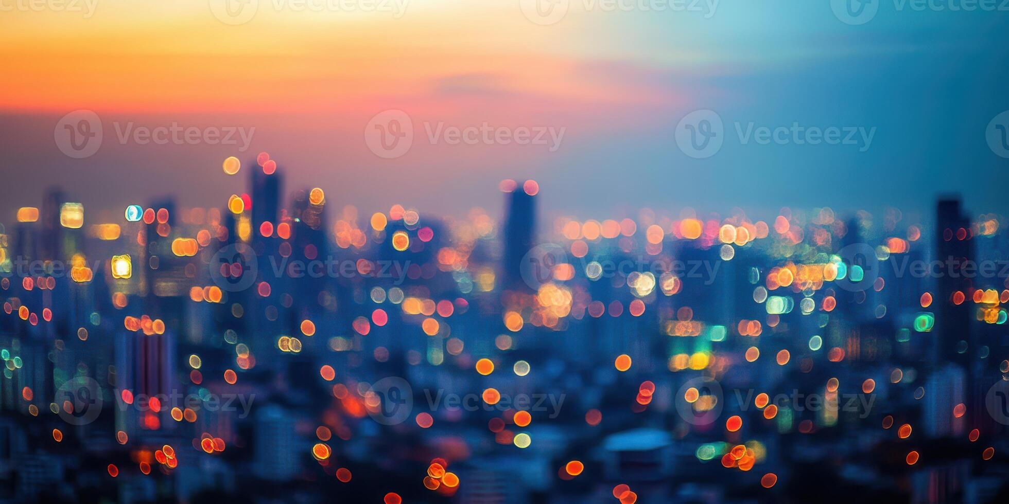 City skyline illuminated at twilight with vibrant lights and a dreamy atmosphere photo