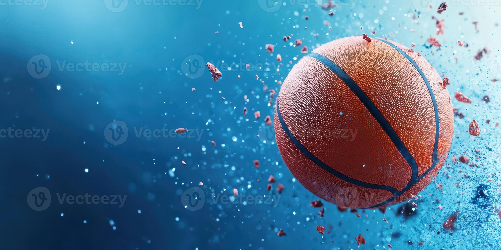 Basketball flying through the air with dynamic motion effects captured in a vibrant blue background photo