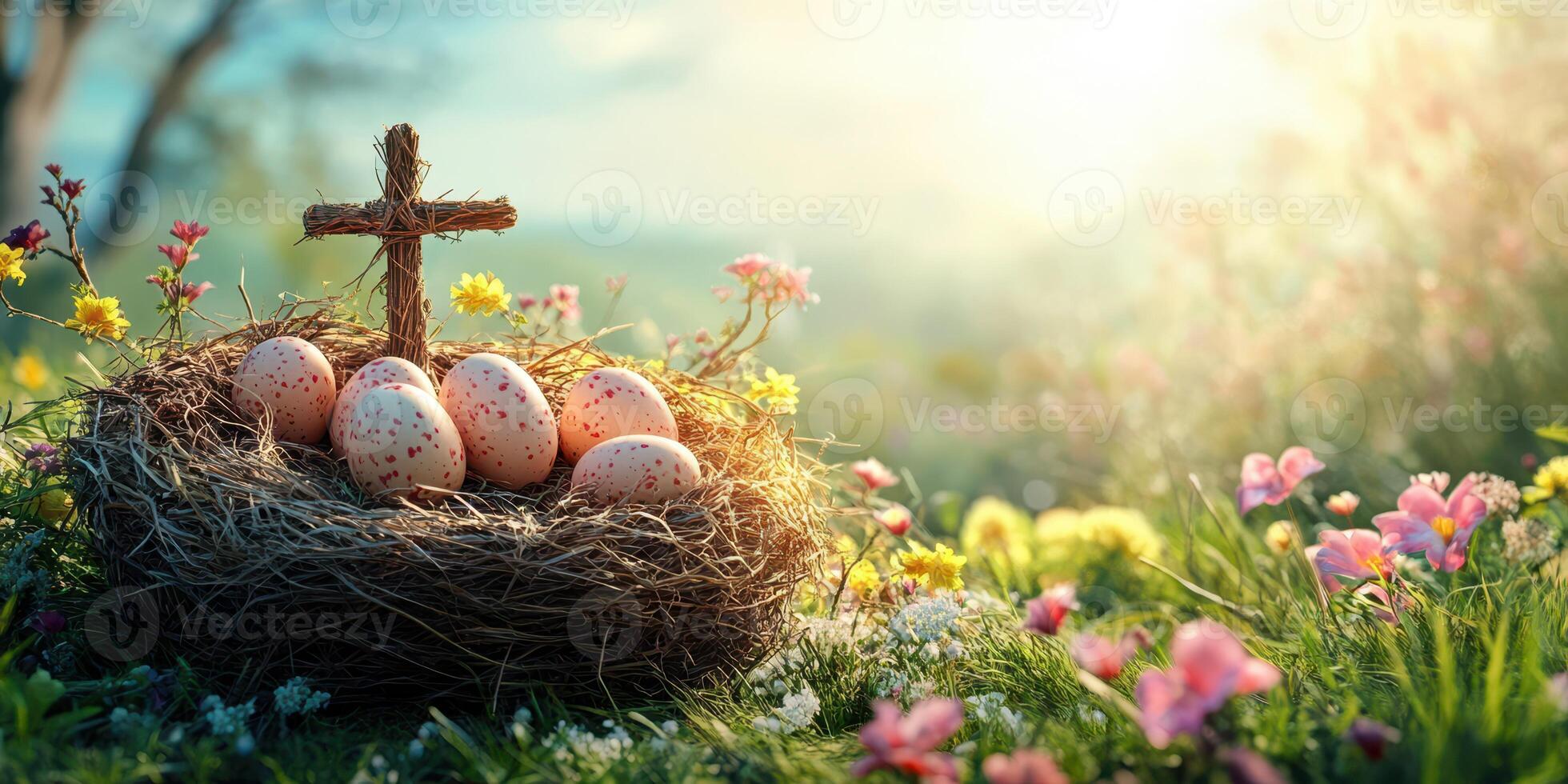 Easter nest with decorated eggs and cross surrounded by vibrant flowers during golden hour photo