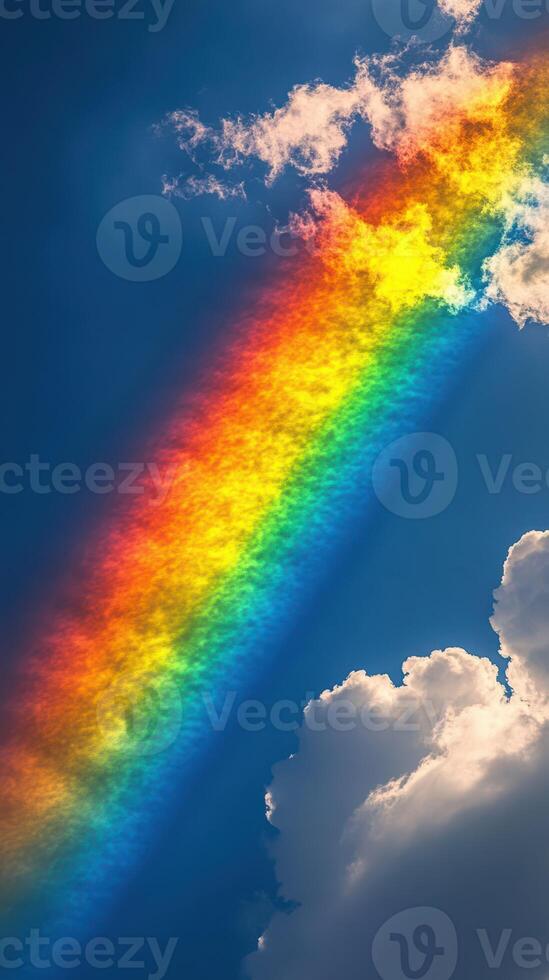 Bright rainbow arches across a clear sky with soft clouds in the background during the afternoon photo