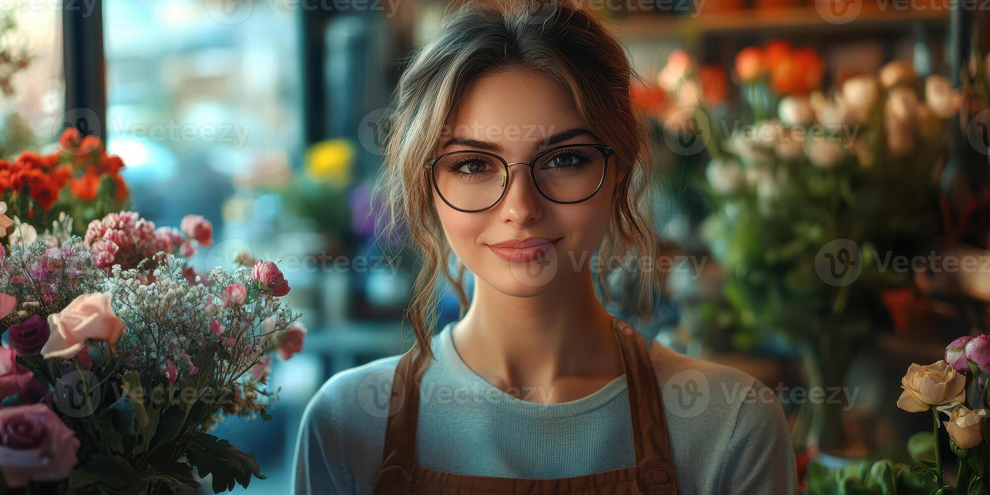 Young florist smiles while arranging colorful flowers inside a bright flower shop in the afternoon photo