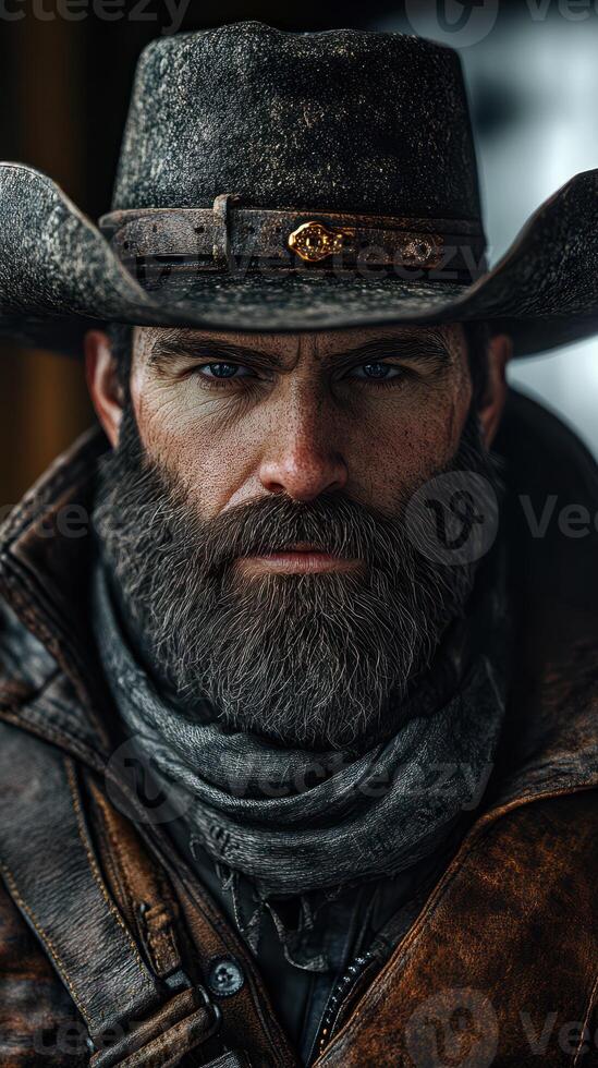 Cowboy in a rugged leather jacket with a wide-brimmed hat striking a serious pose in a rustic setting during the late afternoon photo