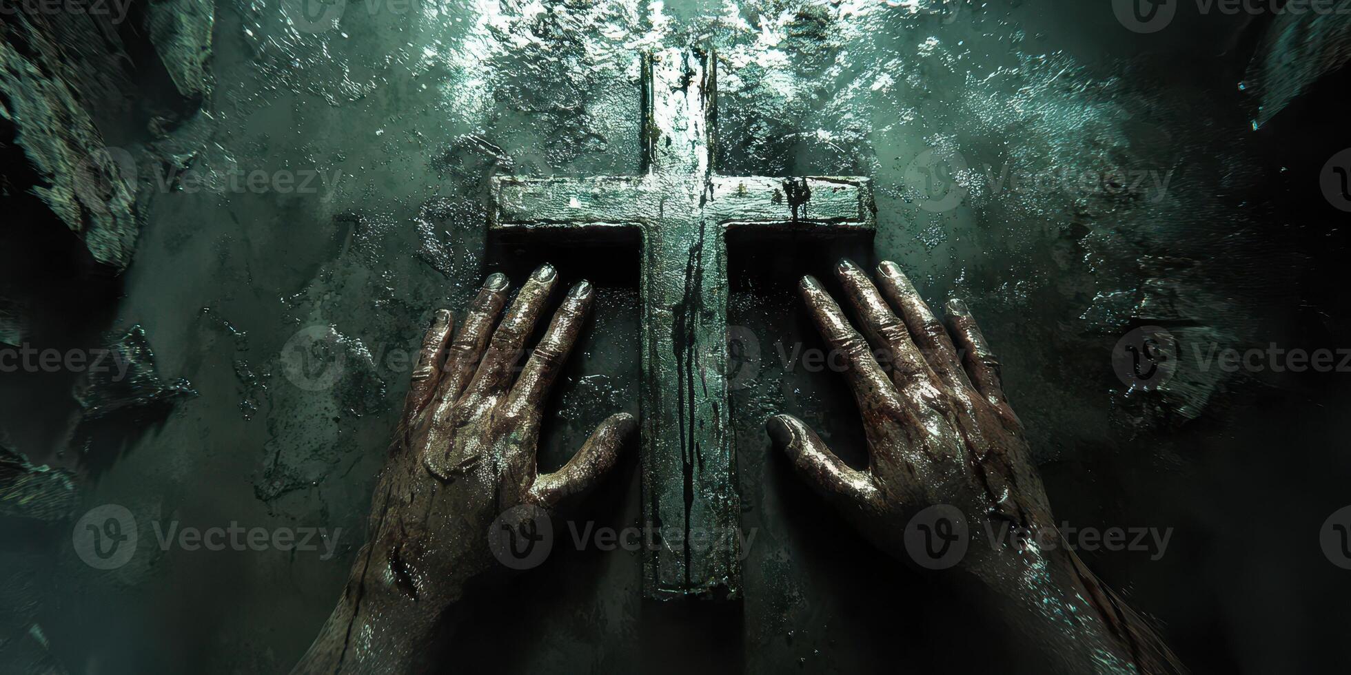 Hands reaching for a weathered cross in a dark, moody environment surrounded by debris photo