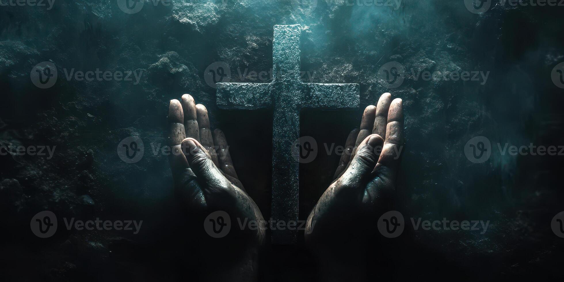 Hands reaching for a weathered cross in an underwater setting during a serene night photo