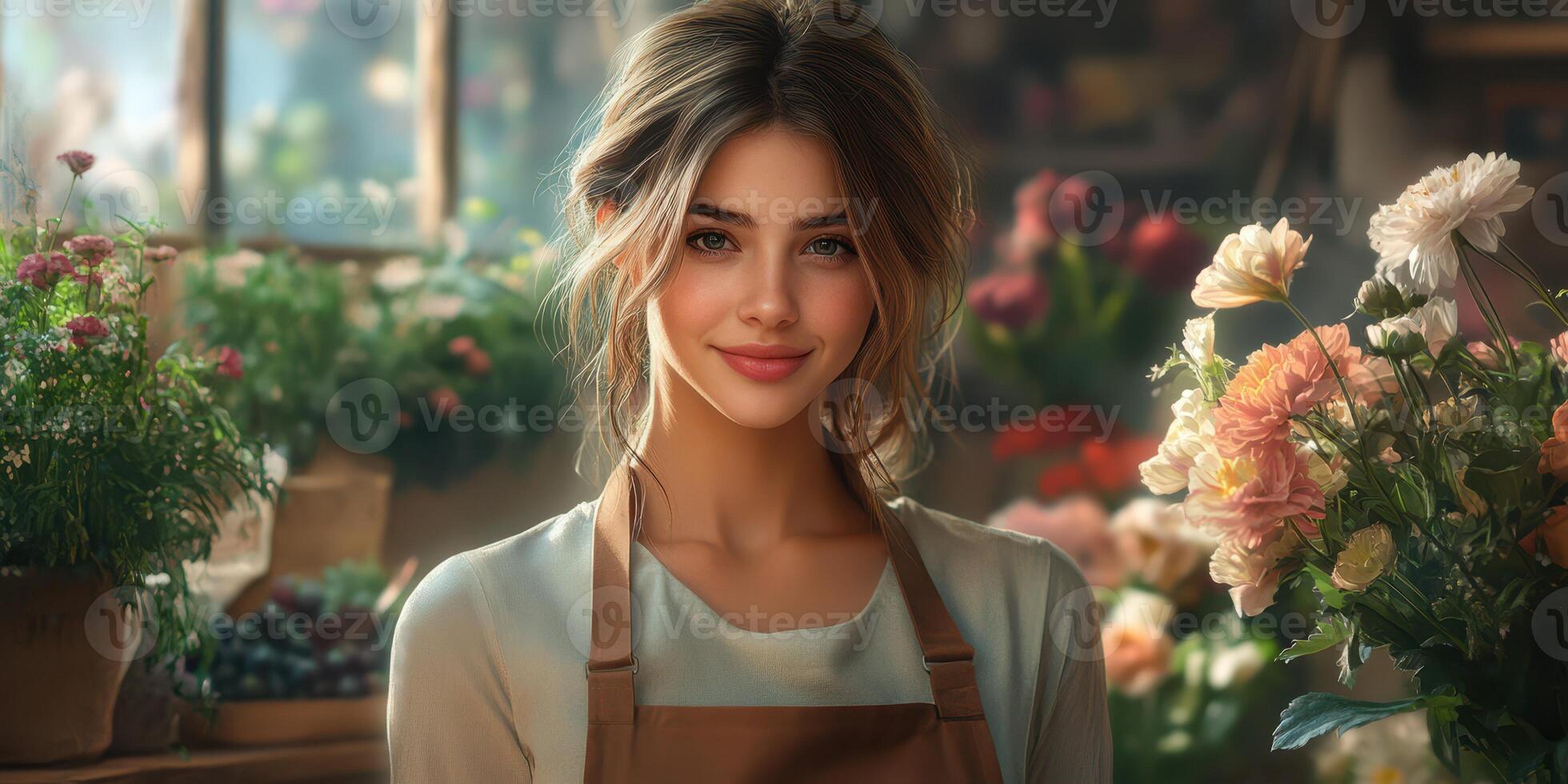 Smiling floral shop assistant among vibrant blooms and greenery in a sunlit flower shop photo