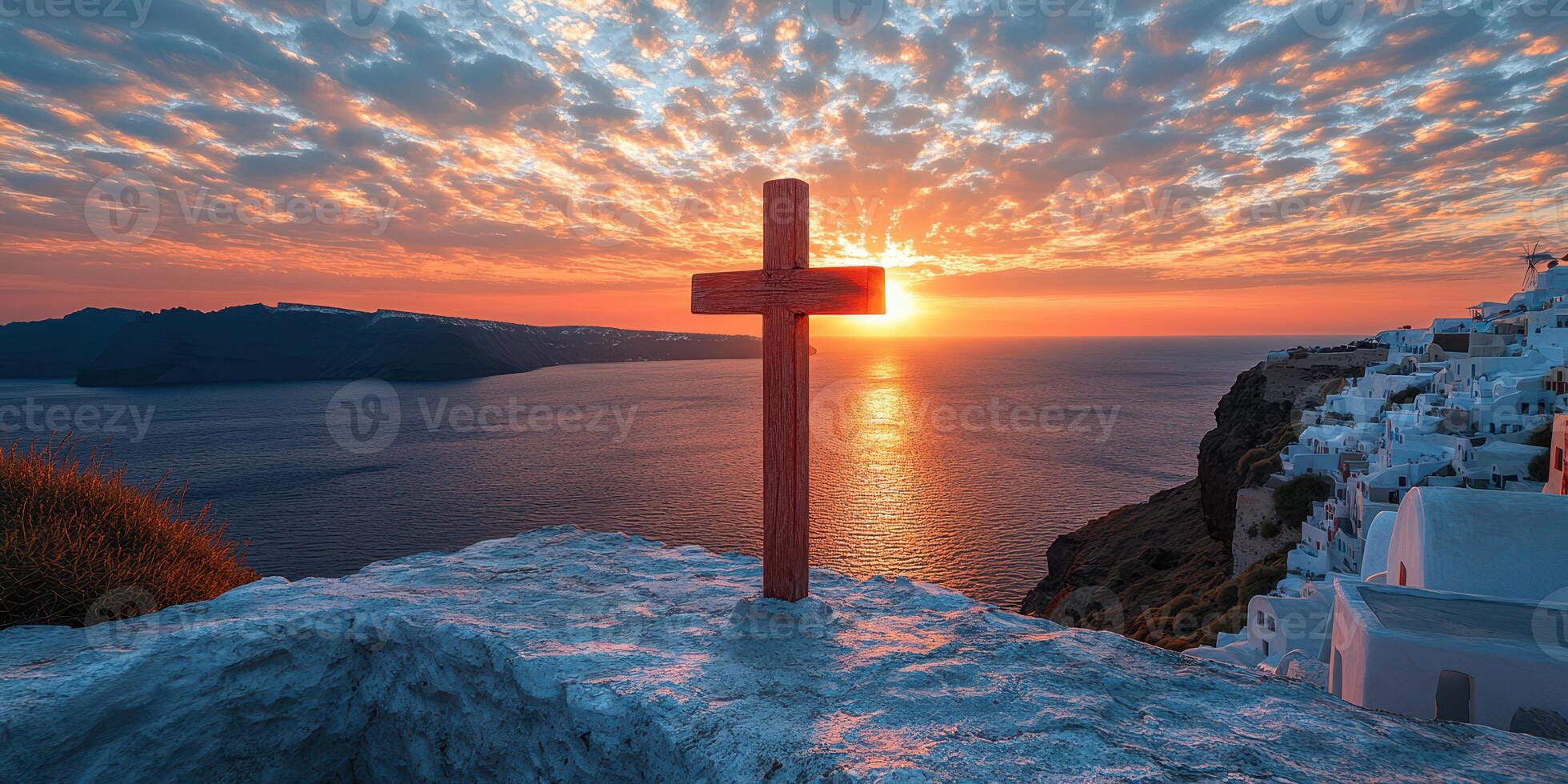 Stunning sunset over the sea with a wooden cross on a hillside in Santorini highlighting the beauty of nature photo