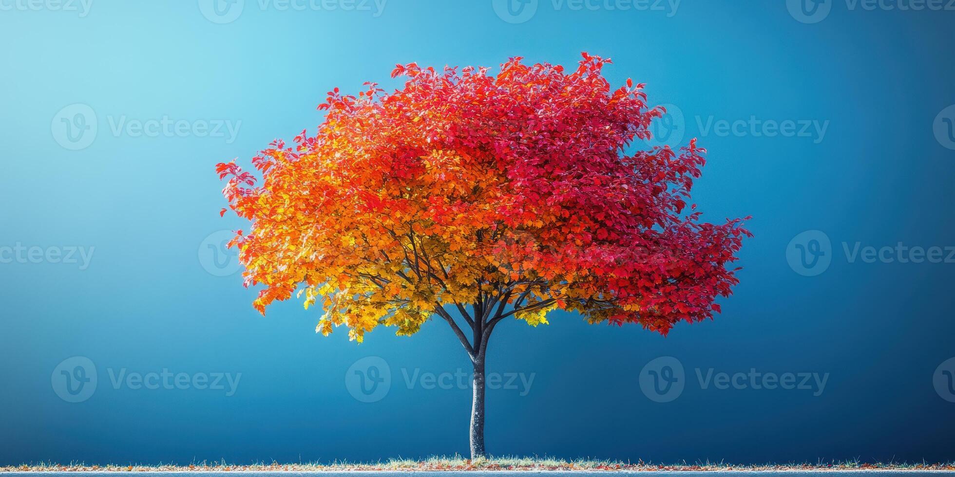 Bright autumn tree showcasing vibrant red and orange leaves against a clear blue sky in a serene landscape photo