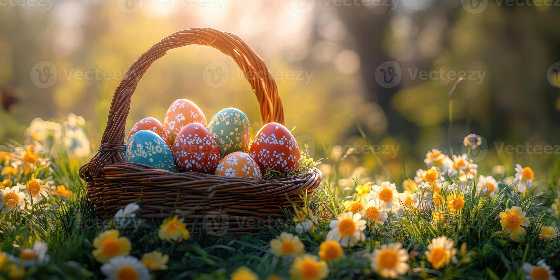 Colorful Easter eggs in a wicker basket surrounded by blooming flowers on a sunny spring day photo