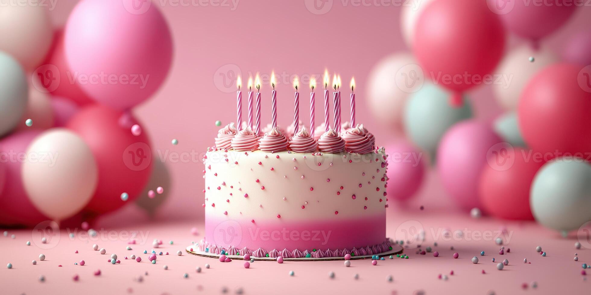Colorful birthday cake with candles surrounded by balloons in a festive setting photo