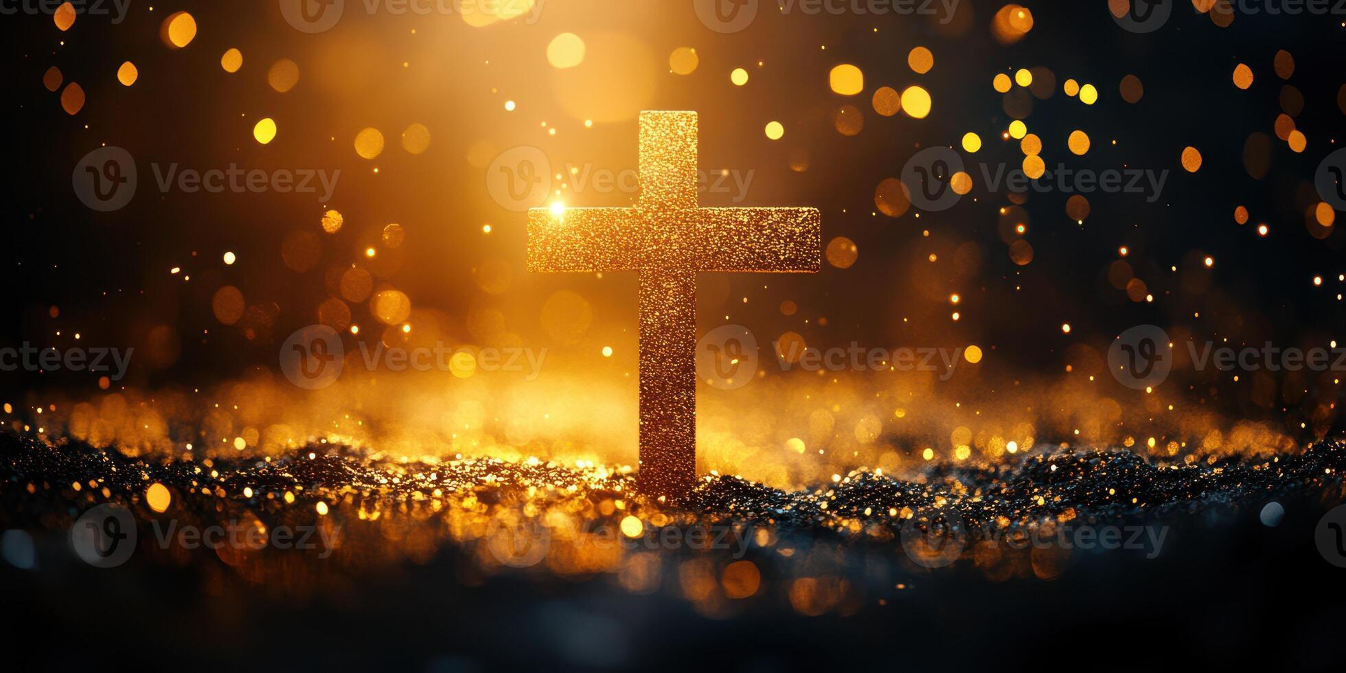 Glittering golden cross shining amidst sparkling lights in a dark setting photo