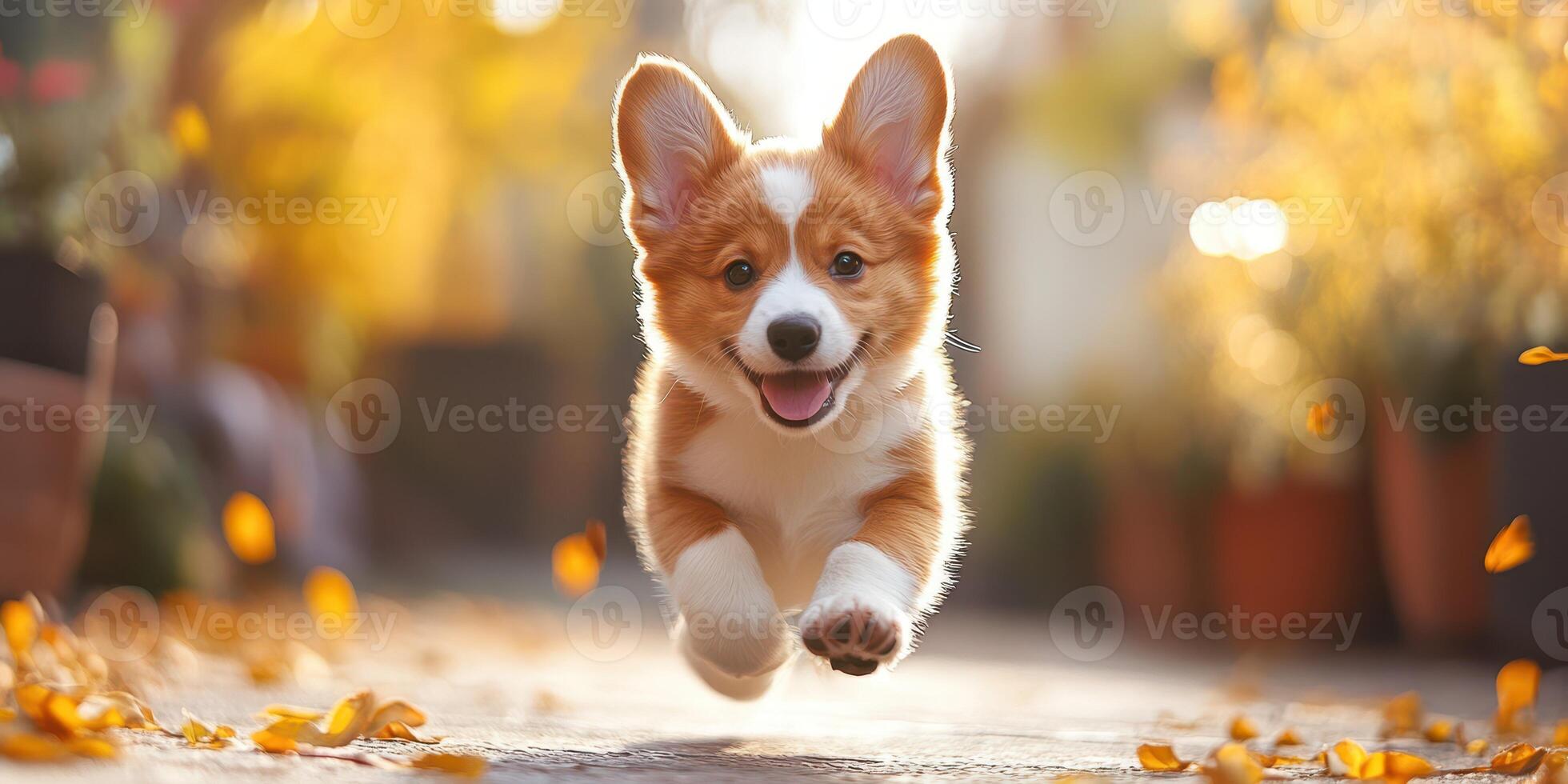 Playful corgi puppy runs joyfully through a golden autumn path surrounded by falling leaves photo