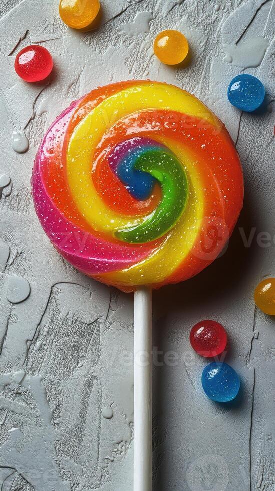 Colorful lollipop surrounded by jelly candies on a textured surface photo