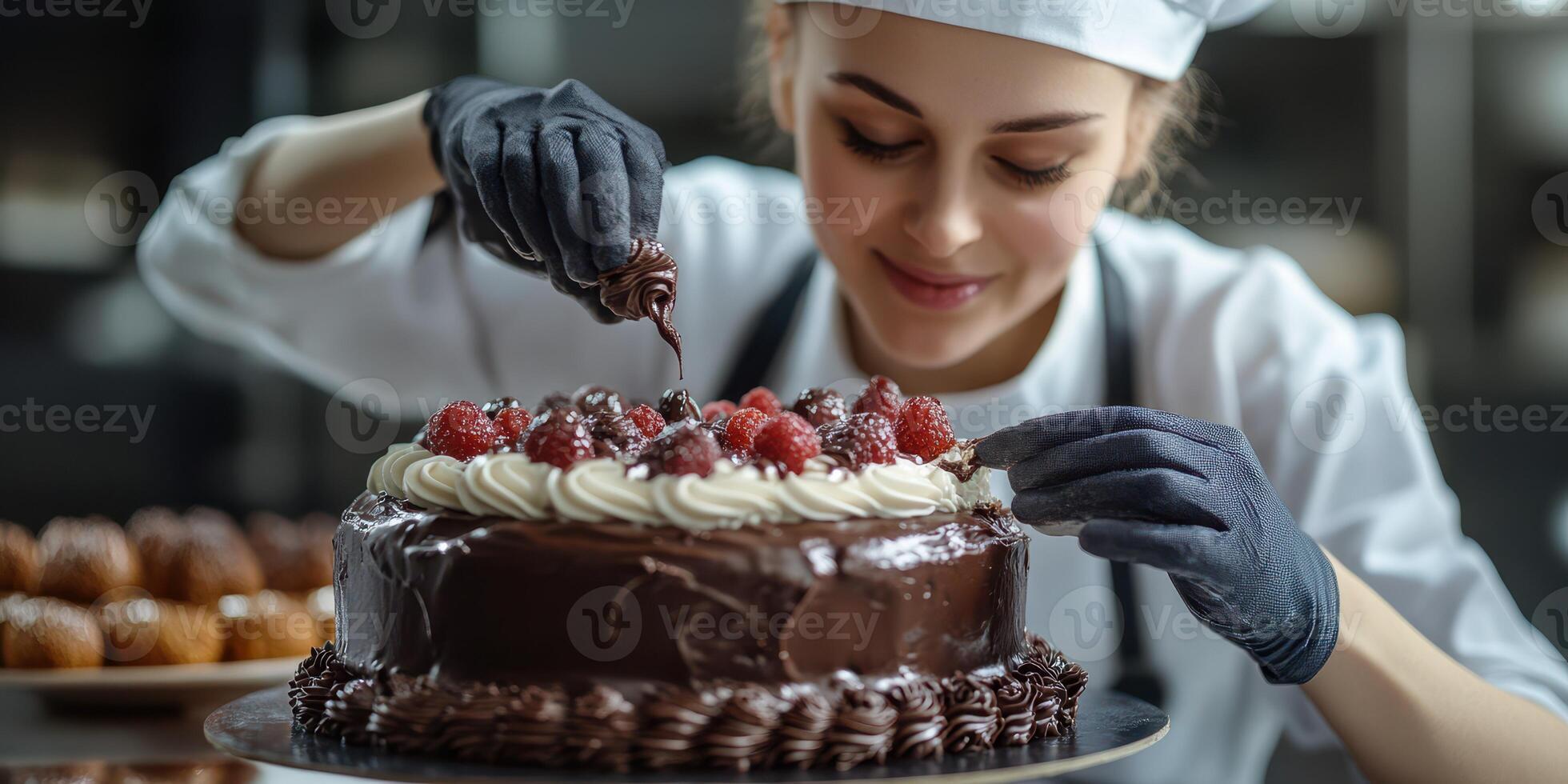 Skilled pastry chef decorates chocolate cake with fresh berries in a bakery during the afternoon photo