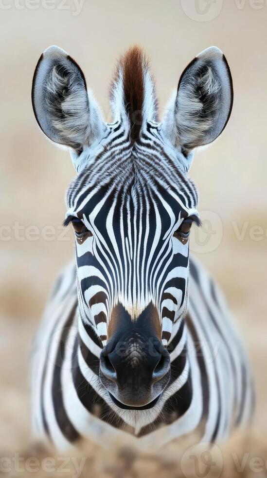 Close-up view of a zebra in the wild during daytime highlighting its striking black and white stripes against a blurred background photo