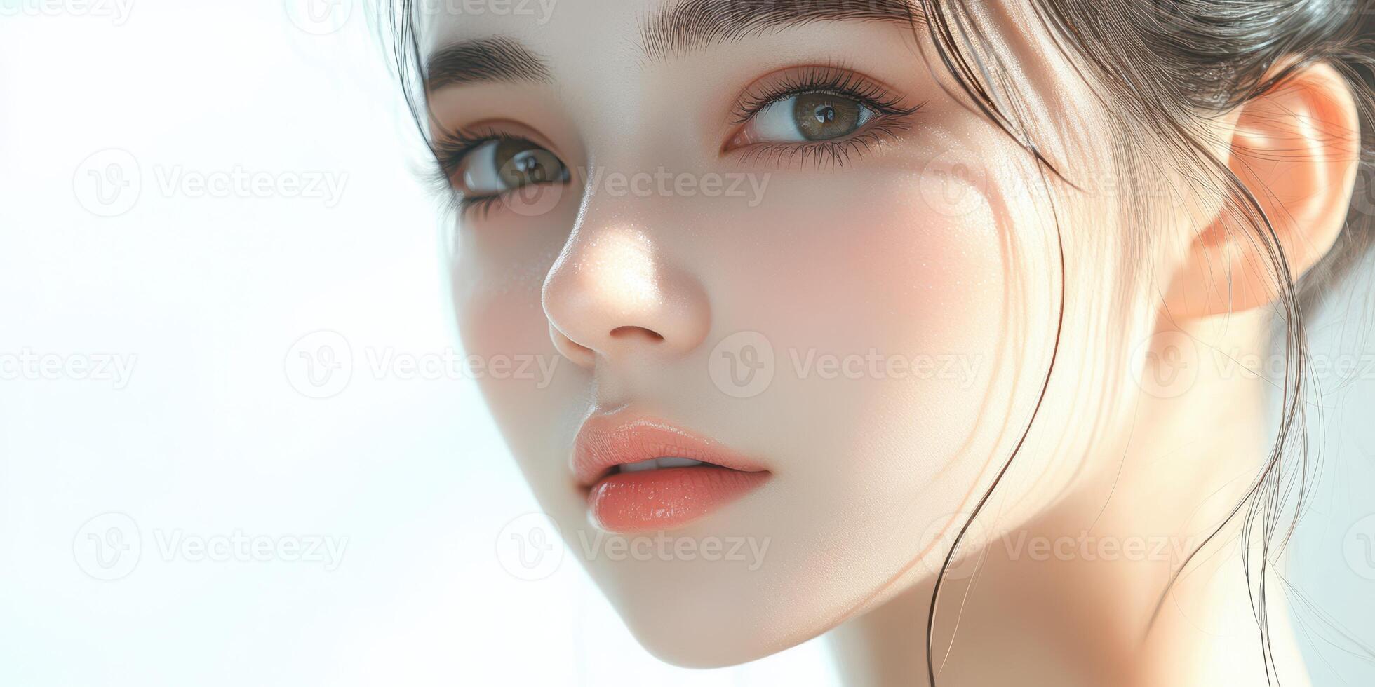 Young woman with flawless skin and captivating eyes gazes intently towards the camera with soft lighting highlighting her features photo
