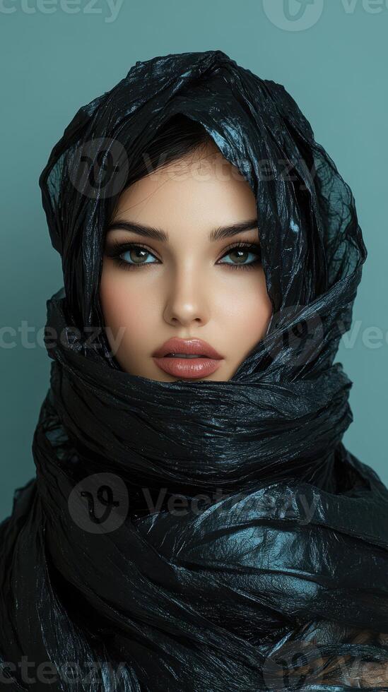 Woman wrapped in a black scarf poses against a light blue backdrop showcasing striking features and alluring gaze photo