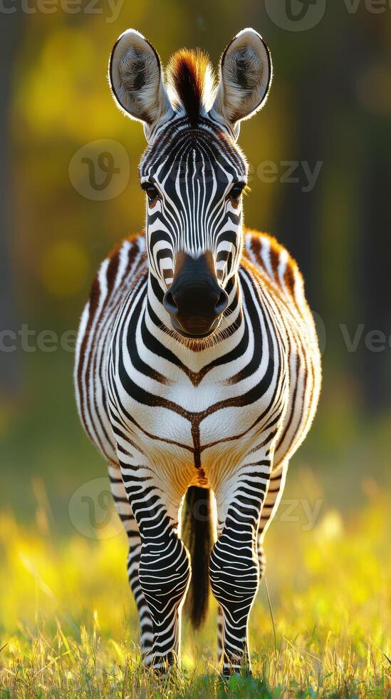 Zebra stands gracefully in golden sunlight against a blurred natural background in a serene setting photo