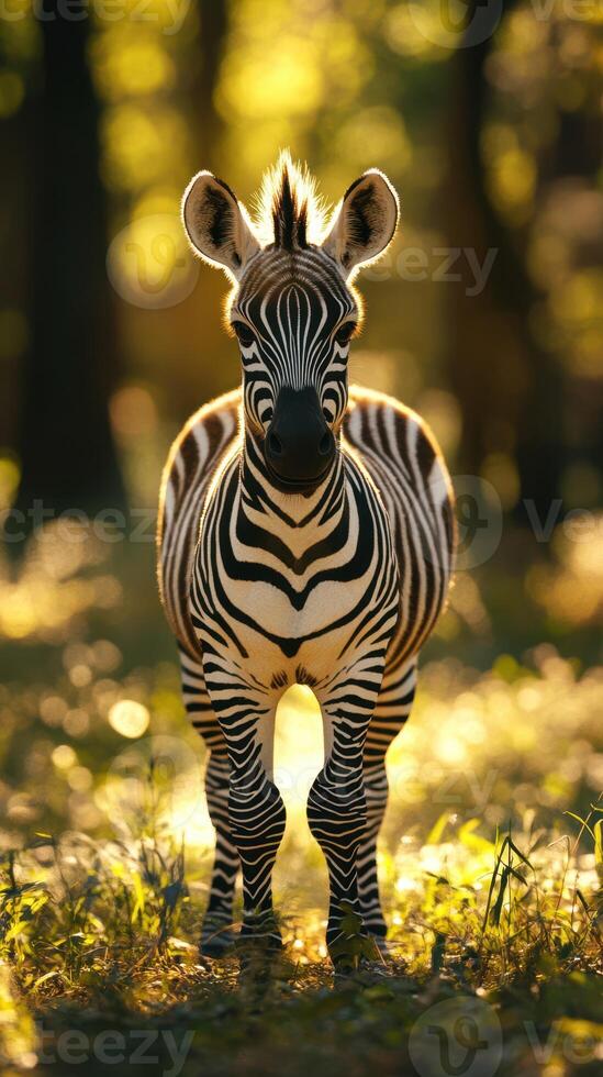 Young zebra stands amidst nature in golden sunlight during a serene moment in the forest photo