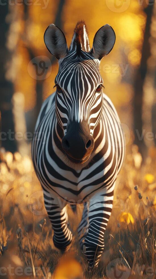 Zebra walking through sunlit grass in a forest during autumn, showcasing striking patterns and vibrant colors photo