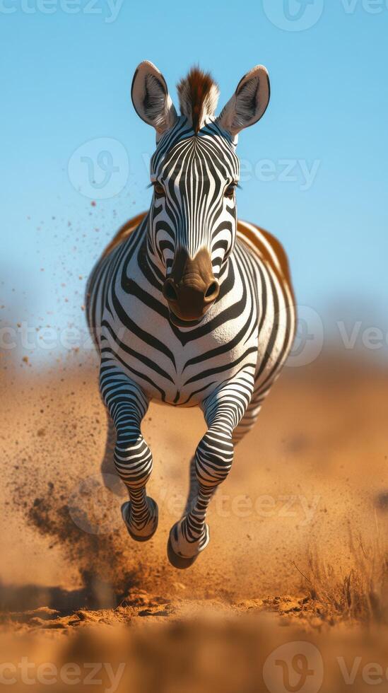 Zebra running swiftly across the sandy plains under a clear blue sky during midday photo