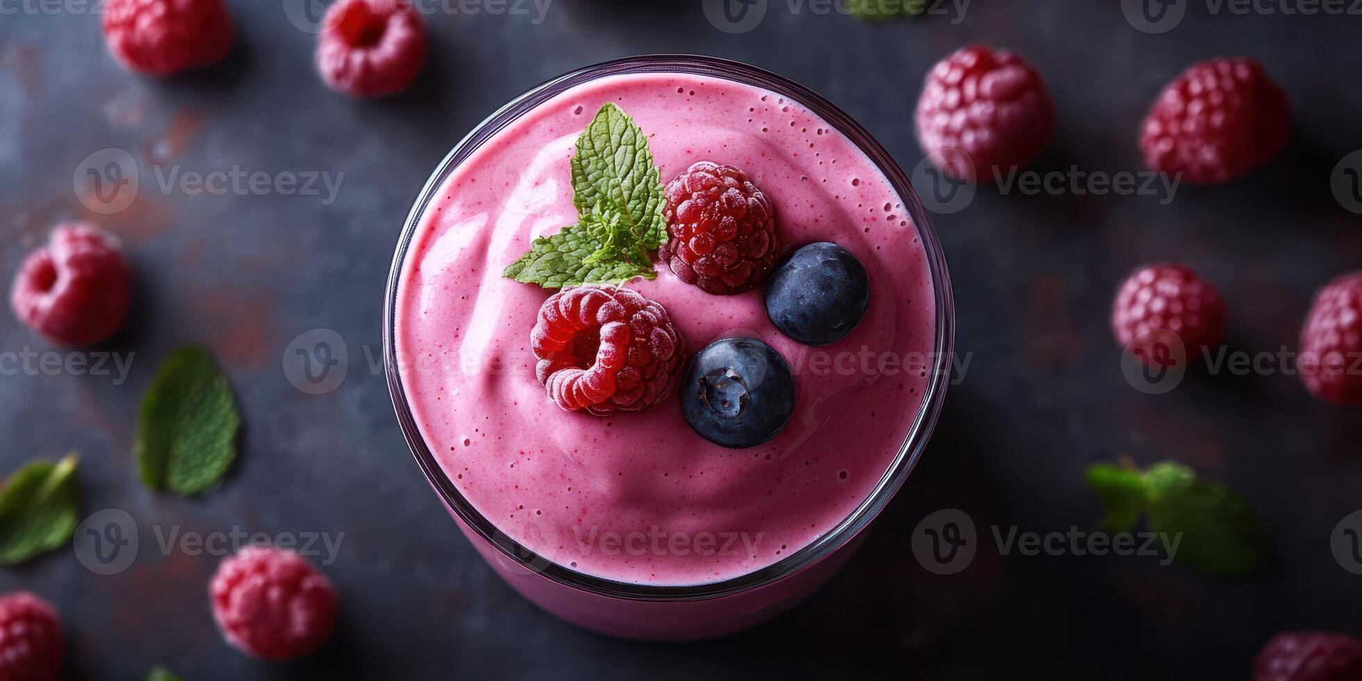 Refreshing berry smoothie with garnishes, placed on a dark textured surface with fresh raspberries and mint leaves photo