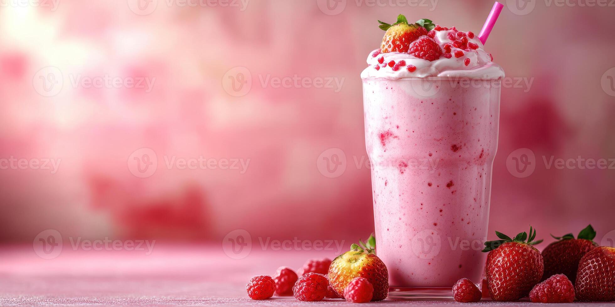 Refreshing raspberry milkshake topped with whipped cream and fruit in a pastel setting photo