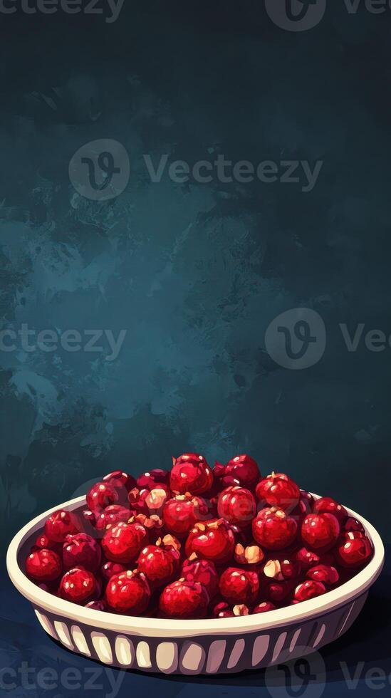 Freshly picked red berries in a ceramic bowl on a textured blue background showcasing vibrant colors in evening light photo