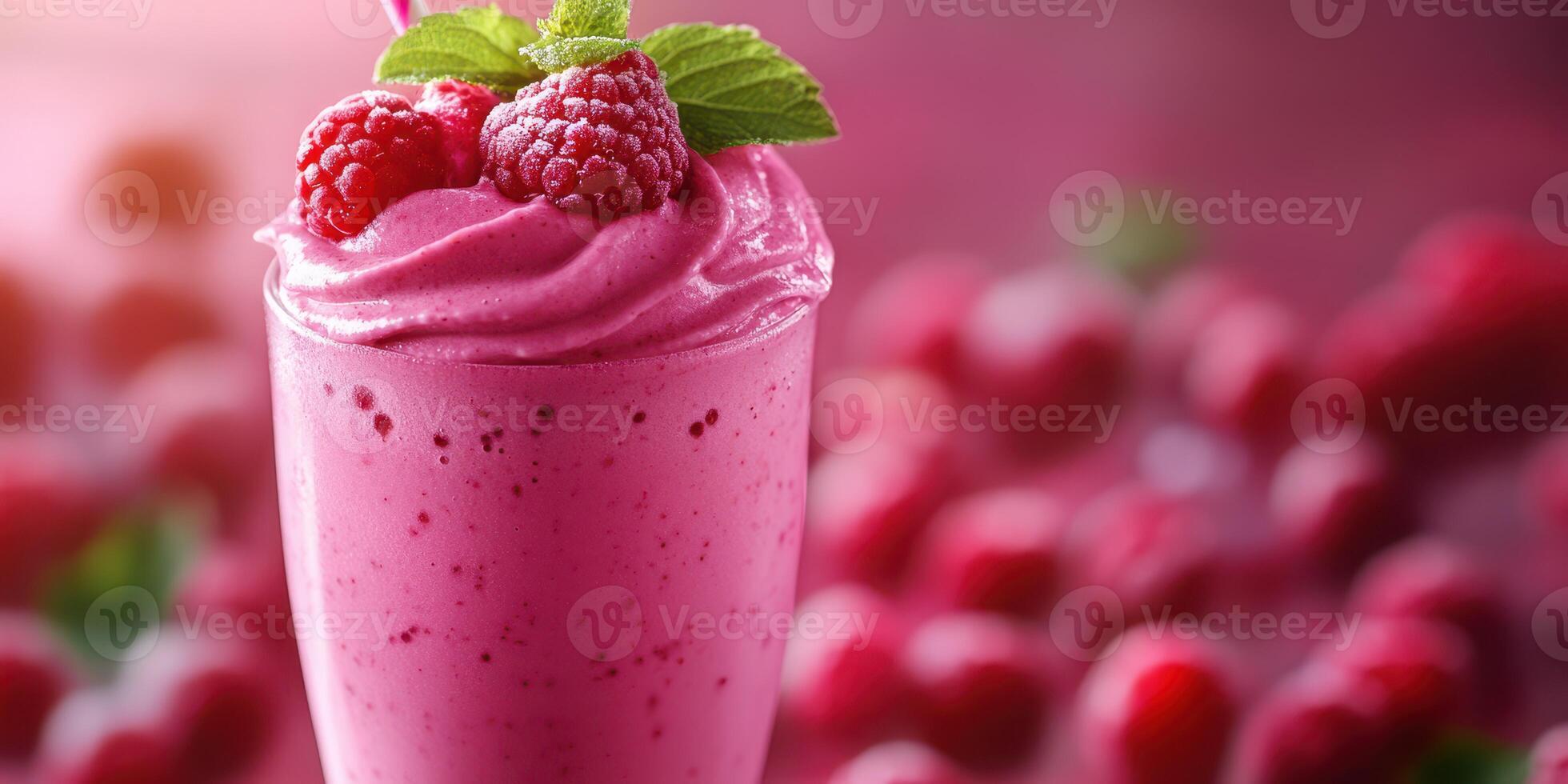 Refreshing raspberry smoothie served with mint leaves on a vibrant pink background photo