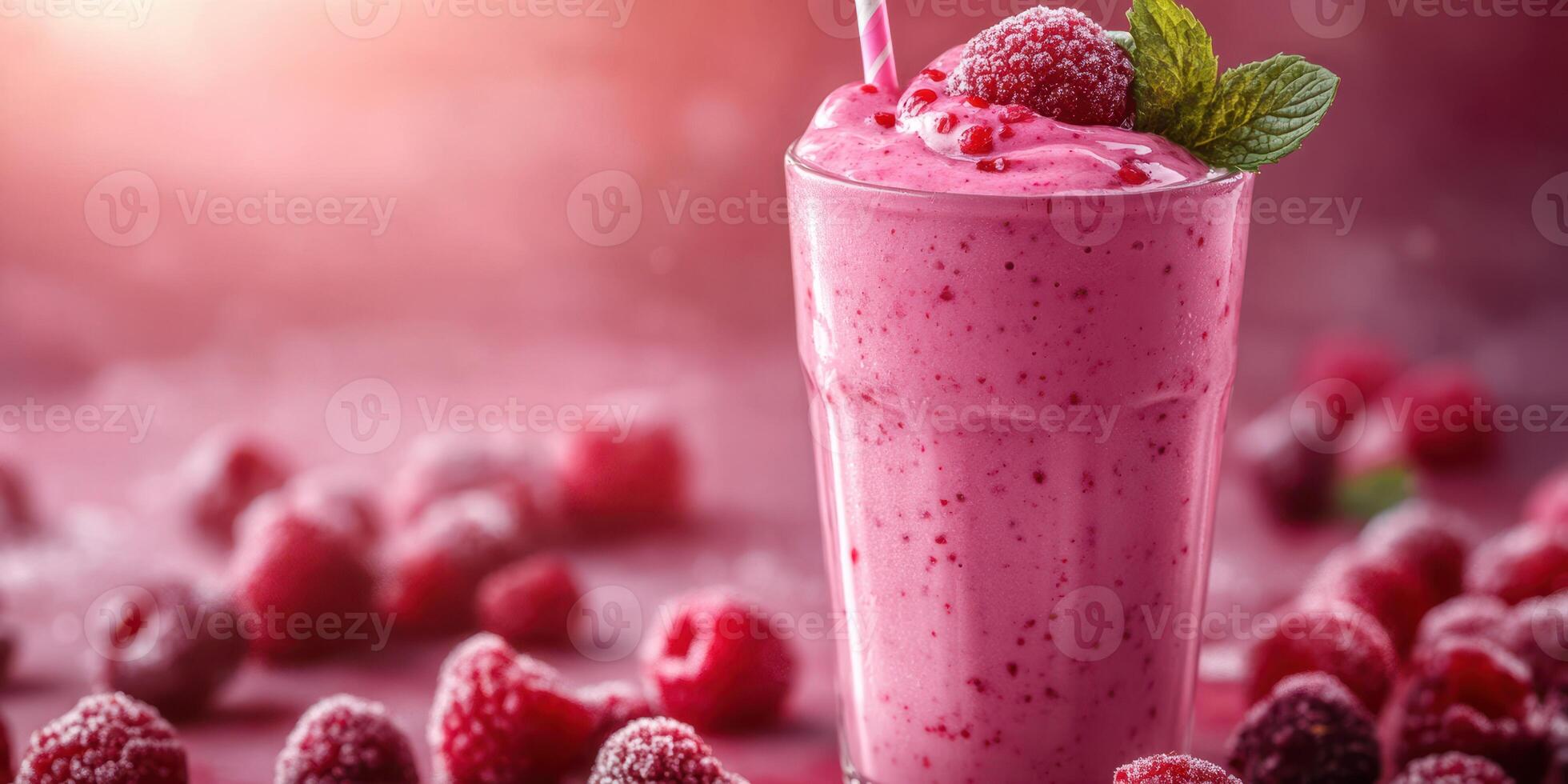 Raspberry smoothie topped with mint leaf and fresh berries in a vibrant pink setting during afternoon light photo
